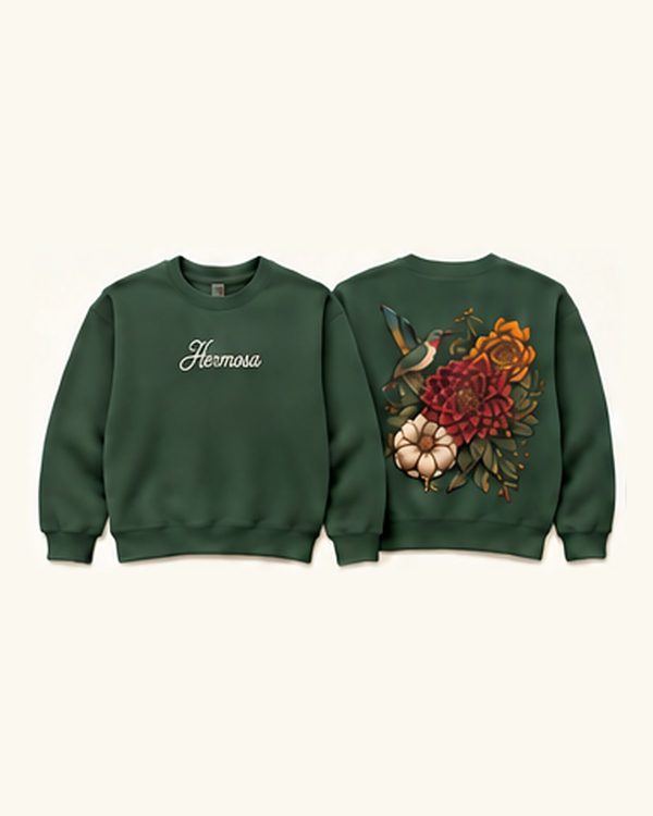 Script + Hummingbird Crewneck — Heather Forest