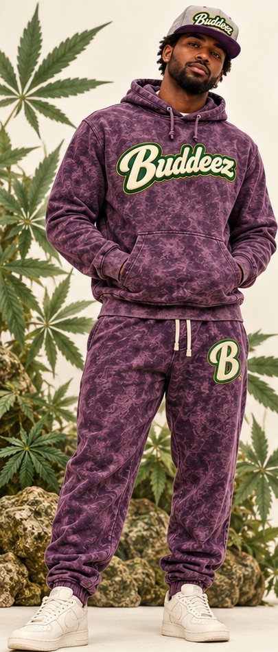 Model in the purple mineral-wash Buddeez hoodie, joggers and snapback