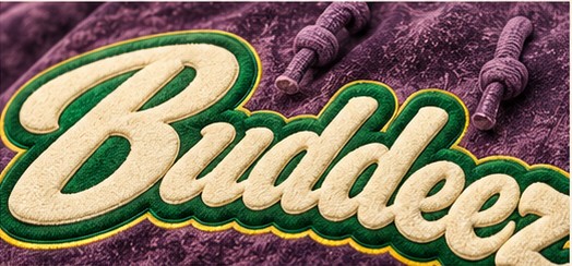 Close-up of the raised chenille Buddeez script